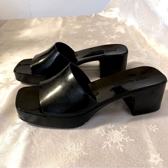 Steve Madden Sandals Chunky Block Heel Slides ‘Harlin’ Black Sz 7 Gorgeous - Picture 1 of 6